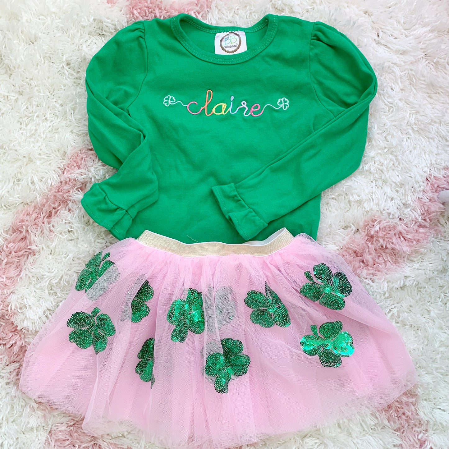 Girls Green Shamrock Name Shirt