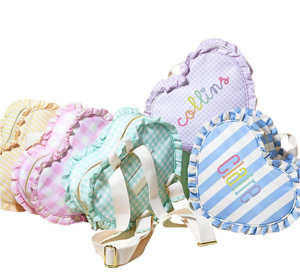 Personalized Ruffle Heart Backpack Pink Gingham, Yellow Stripe, Aqua Gingham, Lavender Gingham, Blue Stripe