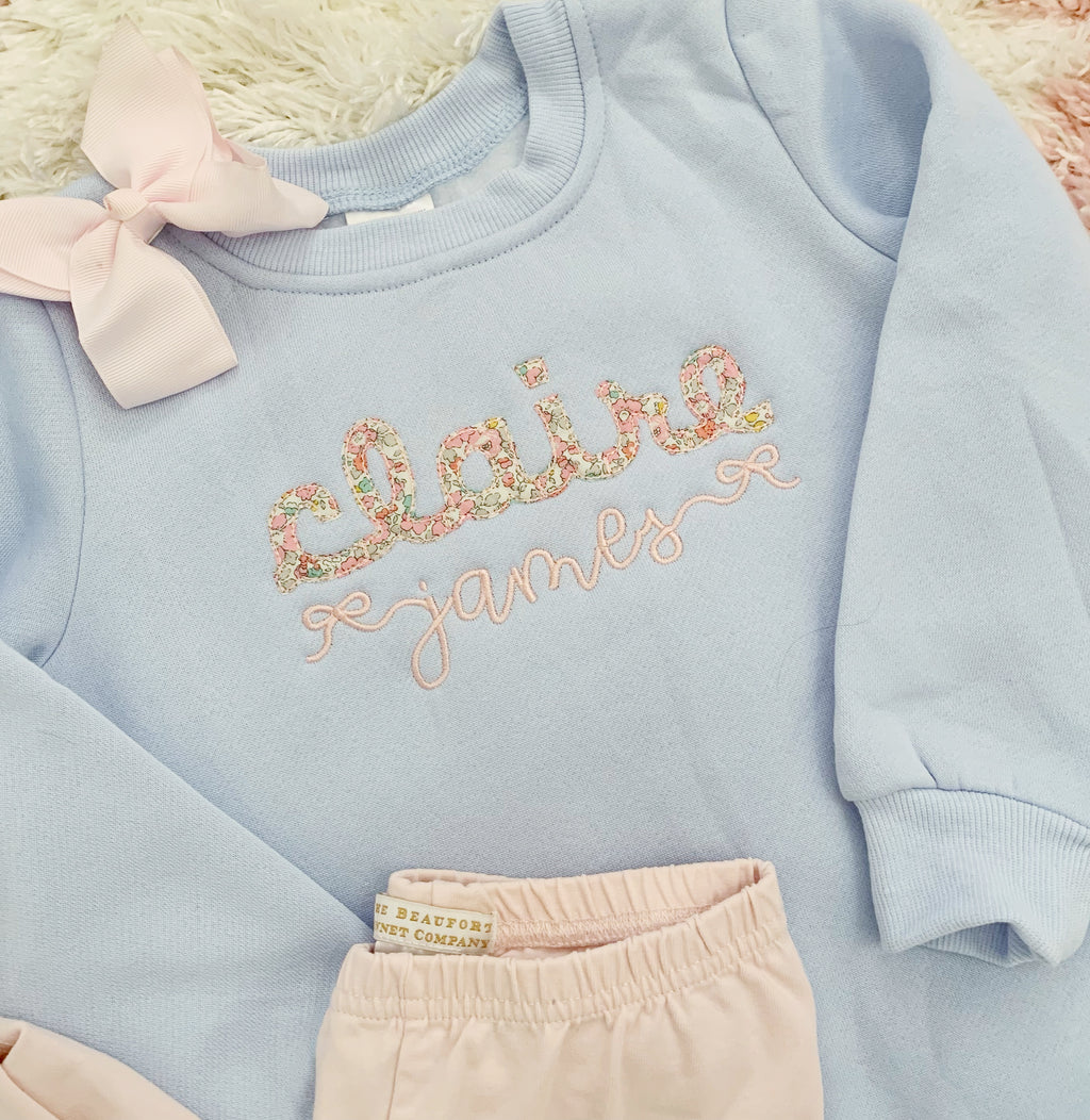 Monogrammed Sweatshirt Front and Back (Light Blue) – C. Claire Embroidery