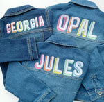 Load image into Gallery viewer, Girls Personalized Pastel Rainbow Jean Jacket
