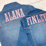 Load image into Gallery viewer, Custom jean jacket with girls embroidered name on back
