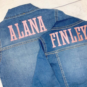 Custom jean jacket with girls embroidered name on back