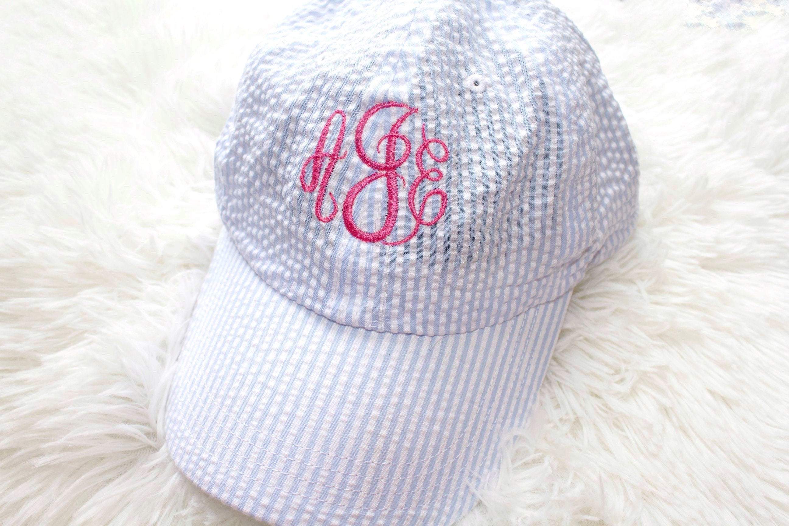 Blue and white seersucker hat with custom monogram