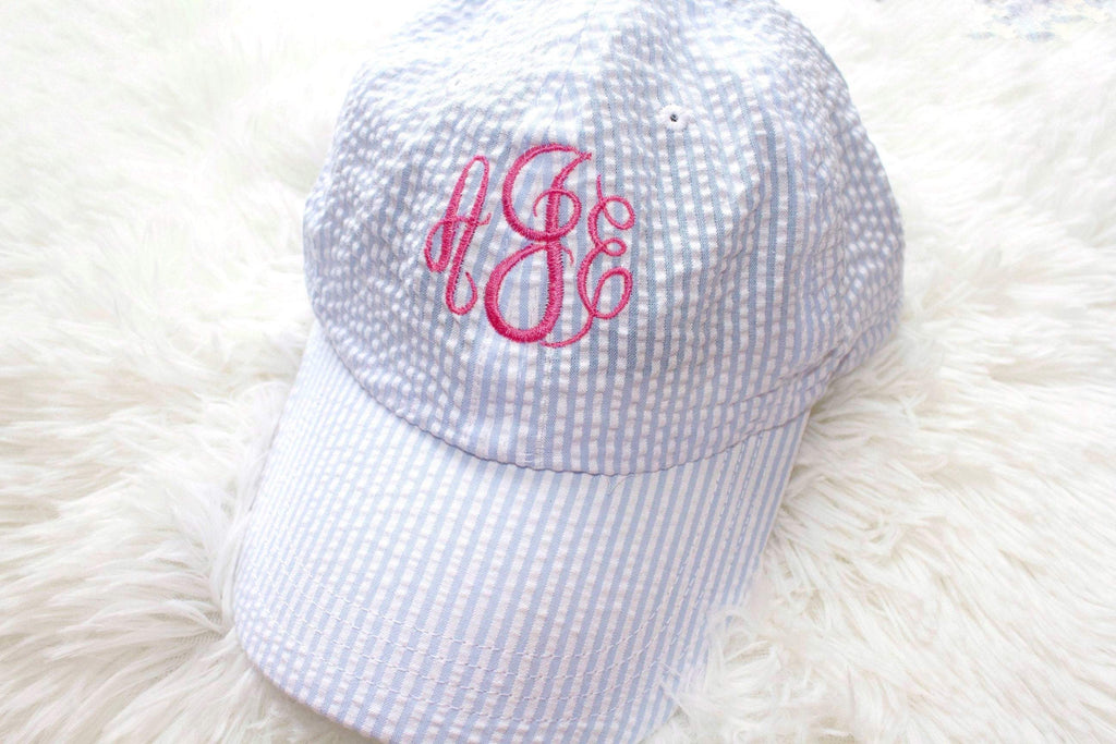 Blue and white seersucker hat with custom monogram