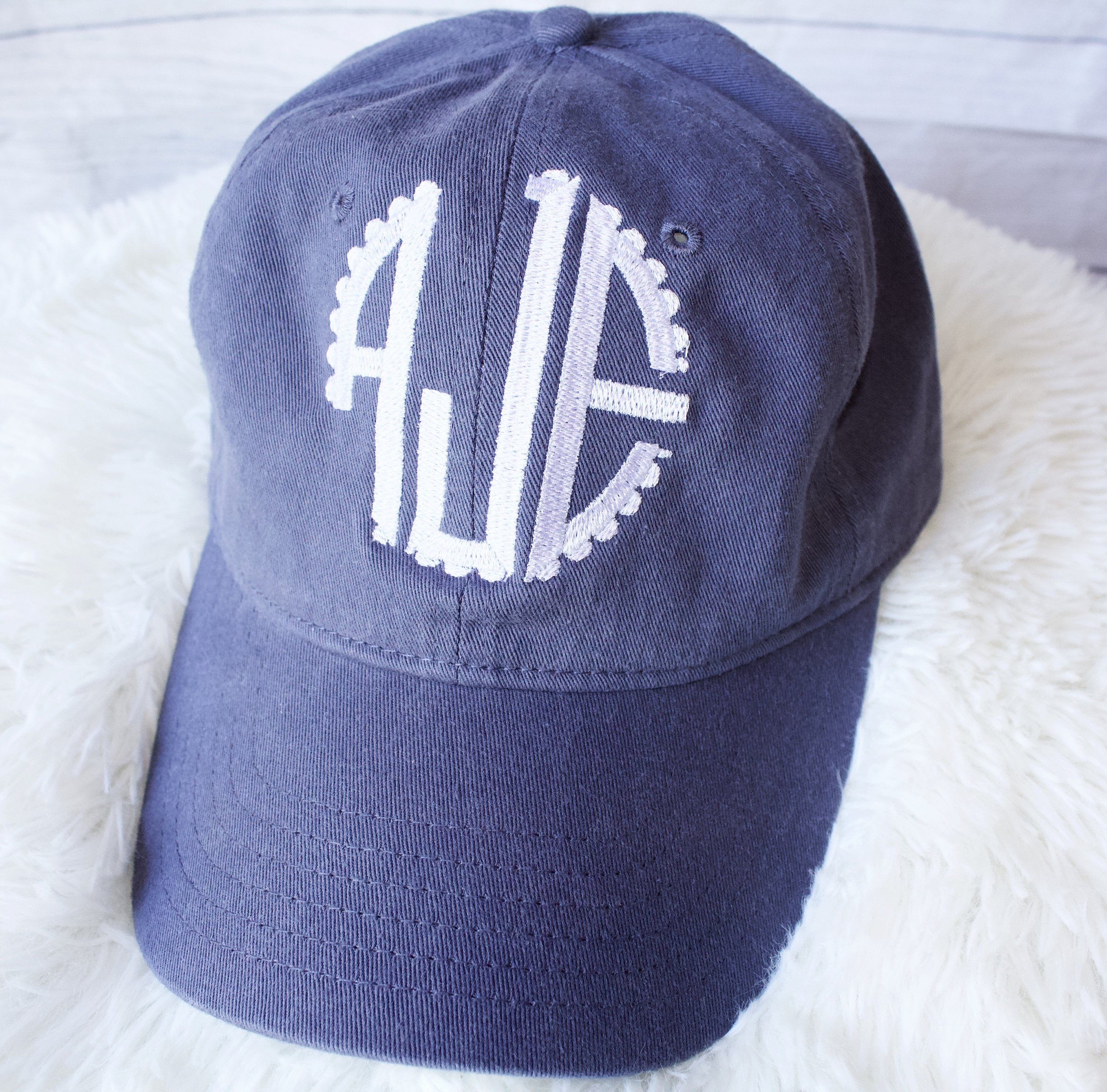 Monogrammed women's baseball hat in blue