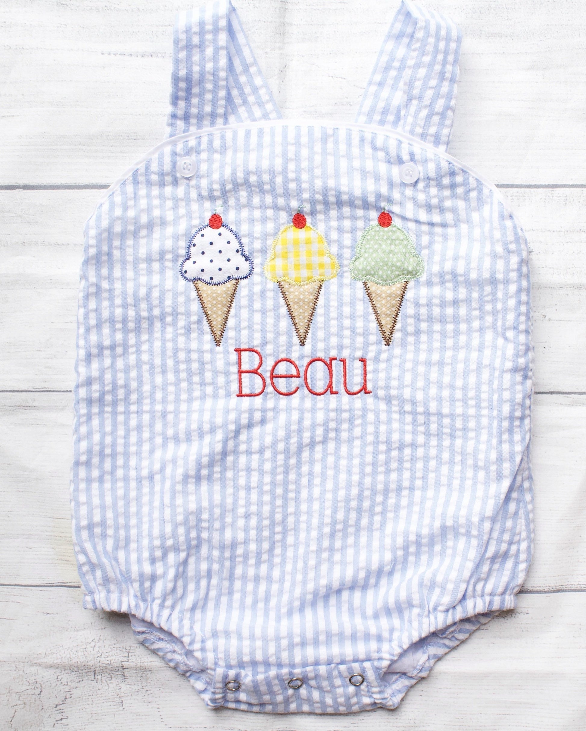 Personalized seersucker bubble romper with boys name embroidered on front