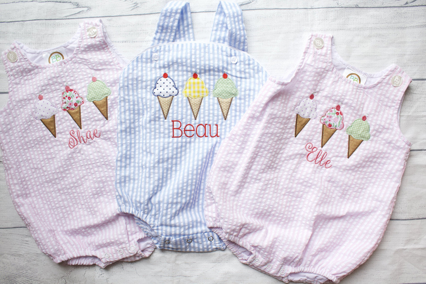 Boys seersucker bubble onesie with ice cream applique and child's name embroidered on front