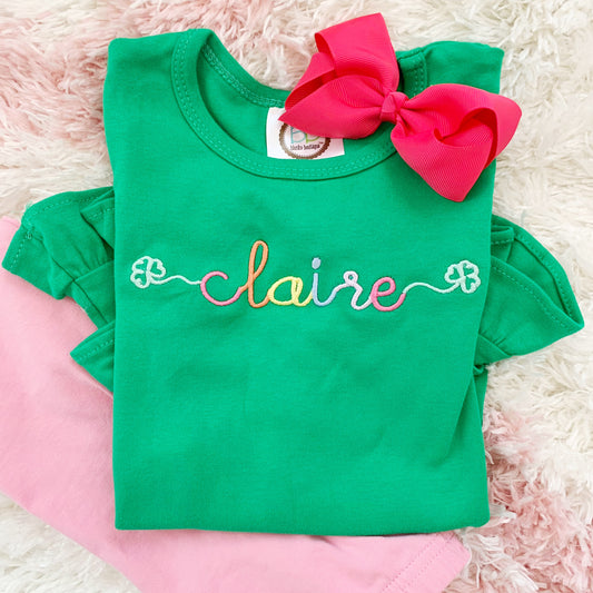Girls Green Shamrock Name Shirt