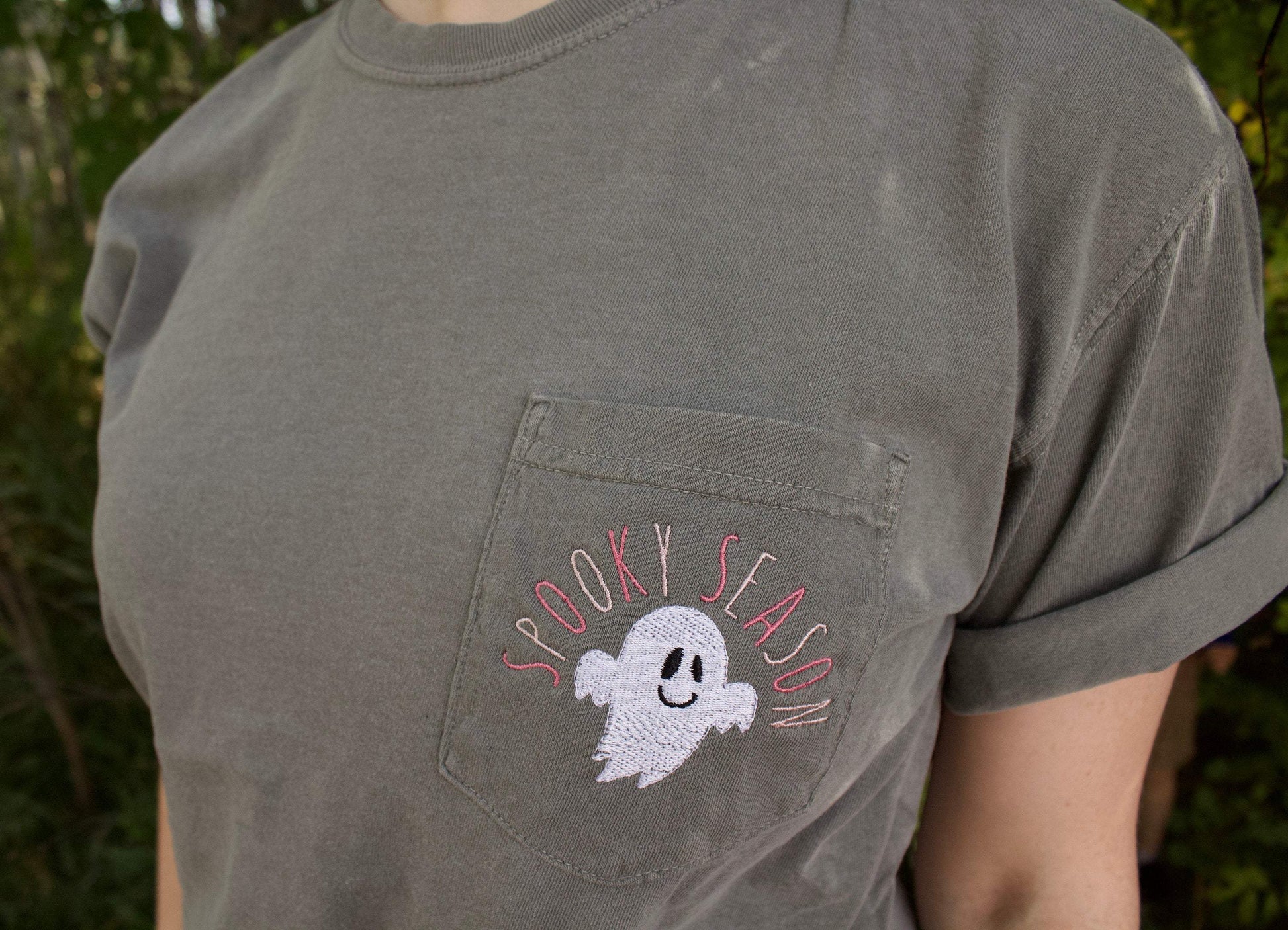 Gray halloween t-shirt with "Spooky Season" embroidered on pocket