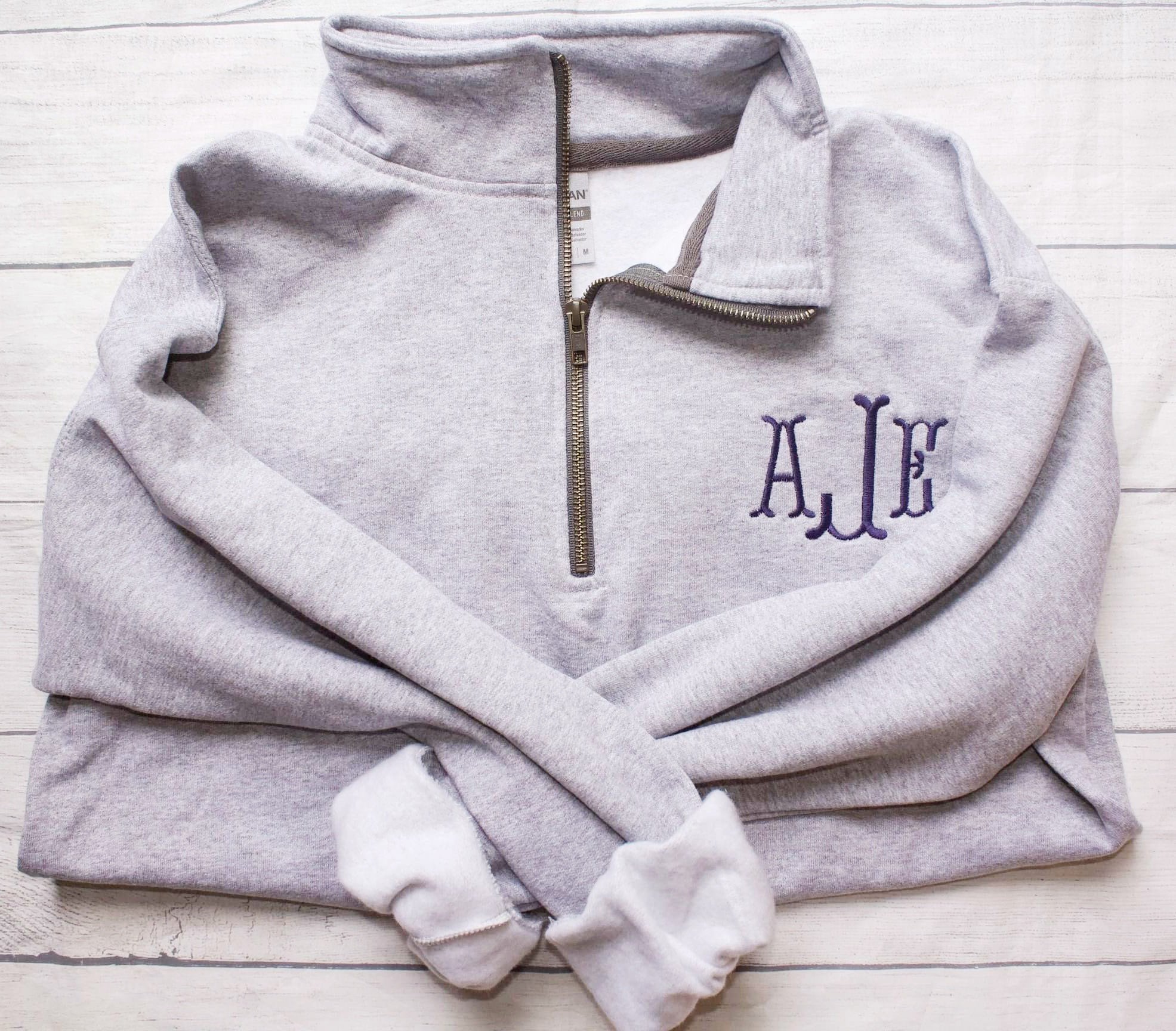 Gray 1/4 zip pullover with blue monogram