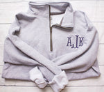 Load image into Gallery viewer, Gray 1/4 zip pullover with blue monogram
