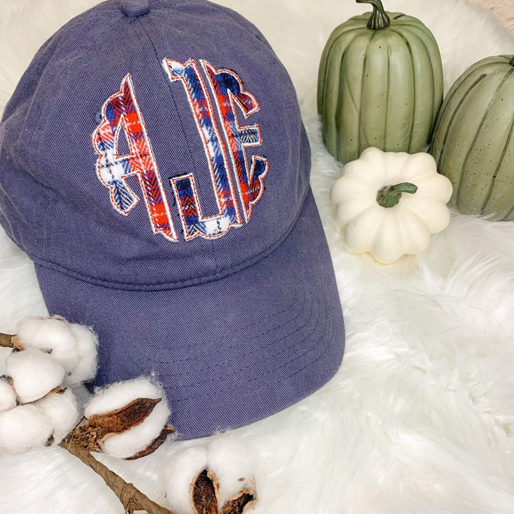 Women's monogrammed baseball hat with plaid embroidery